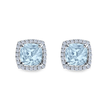 Cushion Cut Stud Earrings Simulated Aquamarine CZ 925 Sterling Silver